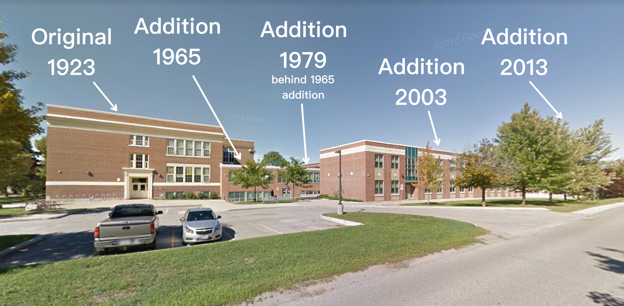 The years of Uxbridge Secondary School additions.