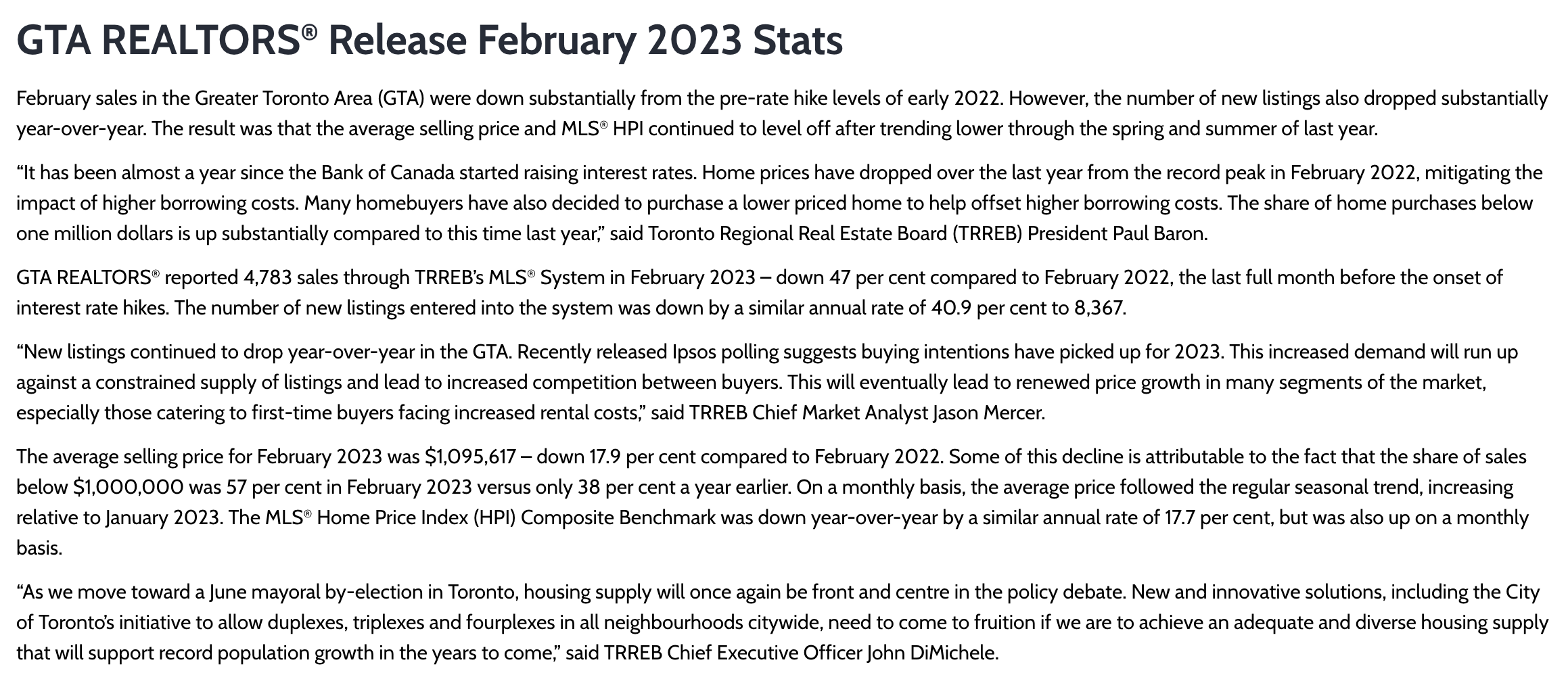 From Toronto Regional Real Estate Board